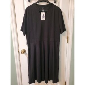 Mokayee Black Short Sleeve V-Neck A-Line Midi Dress with Pockets Plus Size 24W